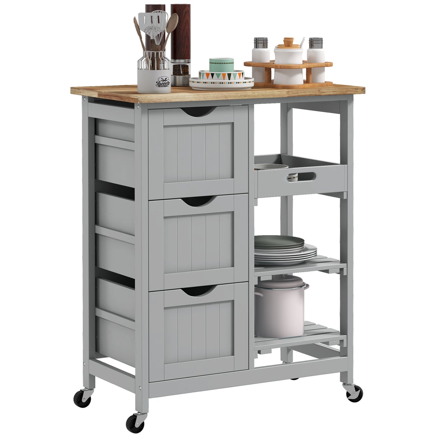 Rolling Kitchen Island Cart, Bar Serving Cart on Wheels Grey