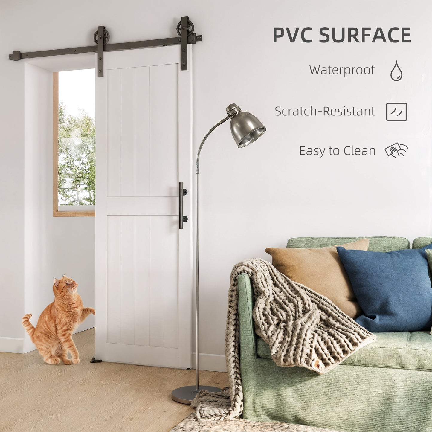 72 x 213 cm Sliding Barn Door with 152 cm Sliding Door Hardware Kit & Industrial Handle, Upgraded Rollers and Floor Guide, Waterproof Plastic Surface, Pre-Drilled Easy Assembly, White