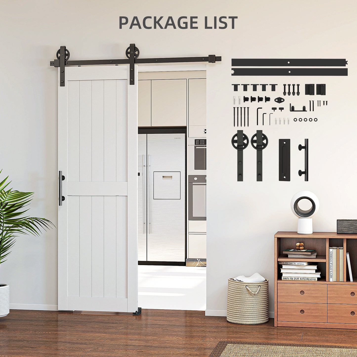 152.4cm Sliding Barn Door Kit, Sliding Door with Track, Hardware, Upgraded Rollers and Floor Guide, Industrial Handle, Water-Proof PVC Surface, White