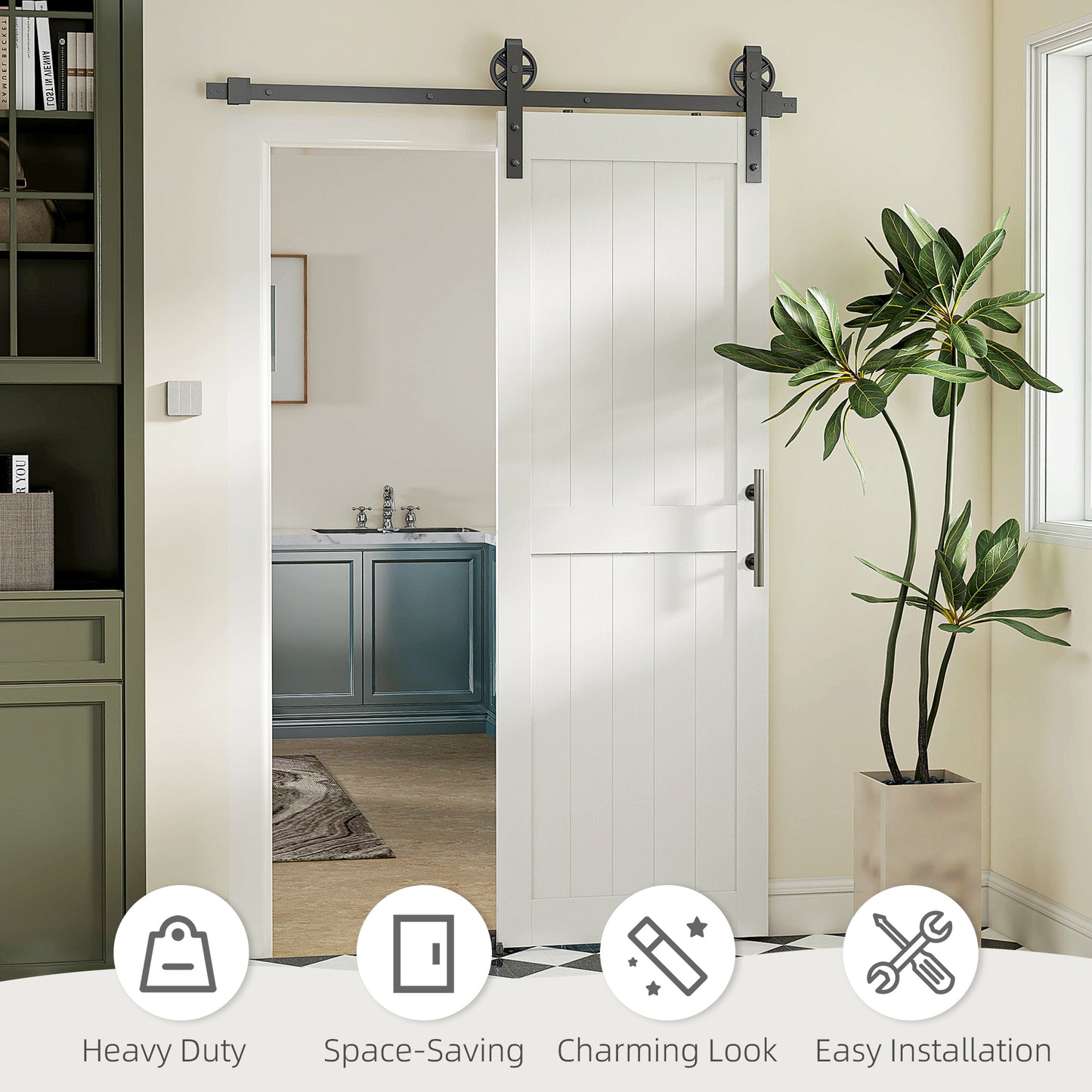 152.4cm Sliding Barn Door Kit, Sliding Door with Track, Hardware, Upgraded Rollers and Floor Guide, Industrial Handle, Water-Proof PVC Surface, White