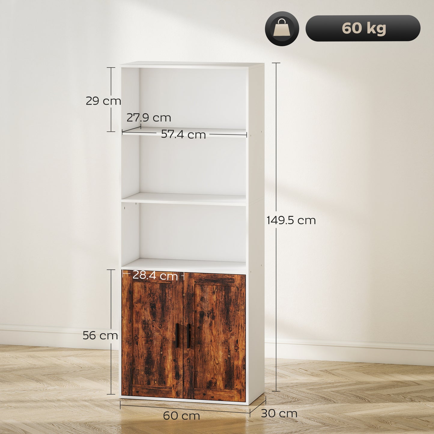 5-Tier Bookcase, Tall Bookshelf with Adjustable Shelf, Rustic Brown