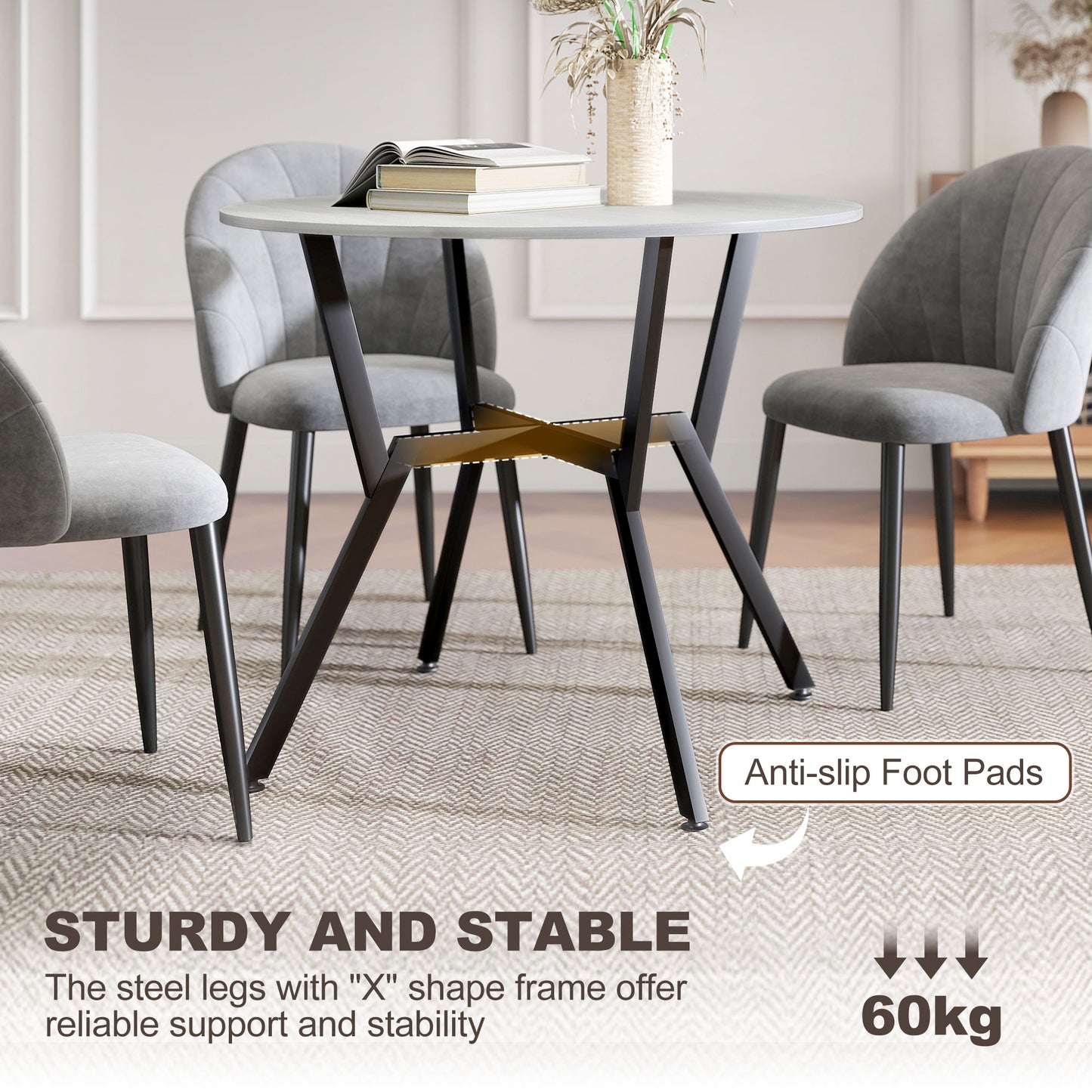 Small Kitchen Table with Black Steel Legs, Dining Table, Grey