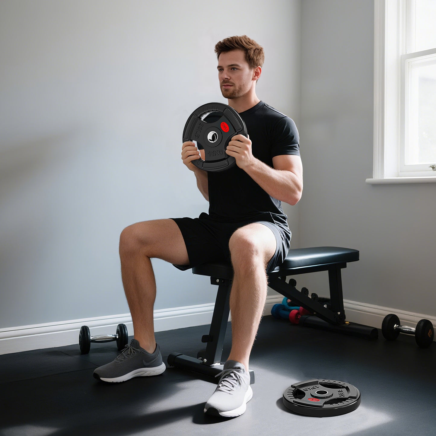 2 x 15kg Olympic Weight Plates, Weight Plate Discs with Tri-Grips