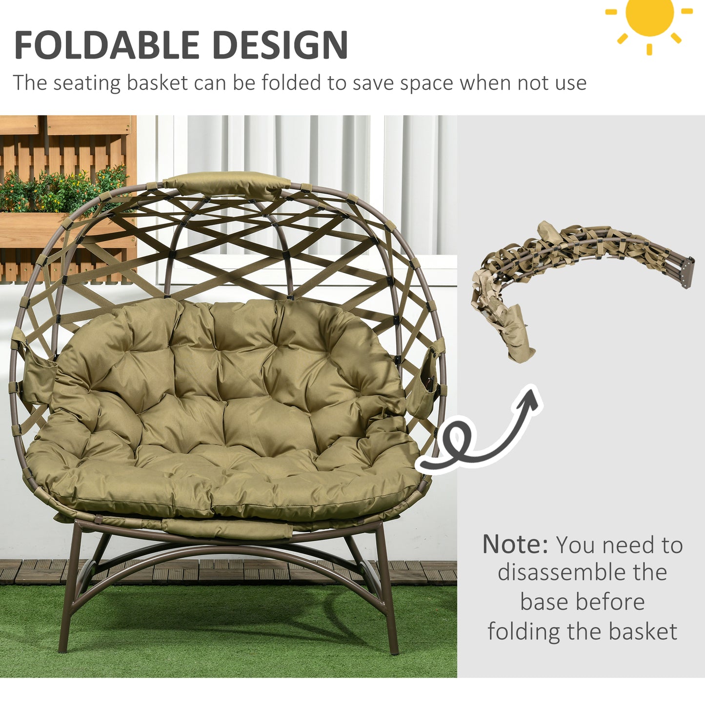 2 Seater Egg Chair Outdoor, Folding Weave Garden Furniture Chair with Cushion, Cup Pockets - Khaki