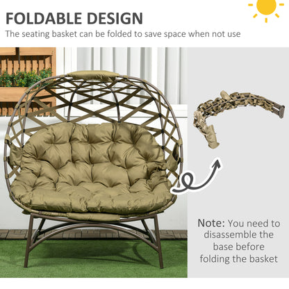 2 Seater Egg Chair Outdoor, Folding Weave Garden Furniture Chair with Cushion, Cup Pockets - Khaki