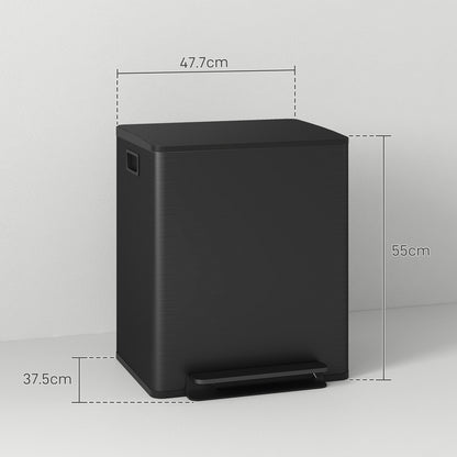 2 x 25L Double Kitchen Bin, Pedal Bin with Soft-Close Lid, Black