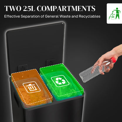 2 x 25L Double Kitchen Bin, Pedal Bin with Soft-Close Lid, Black