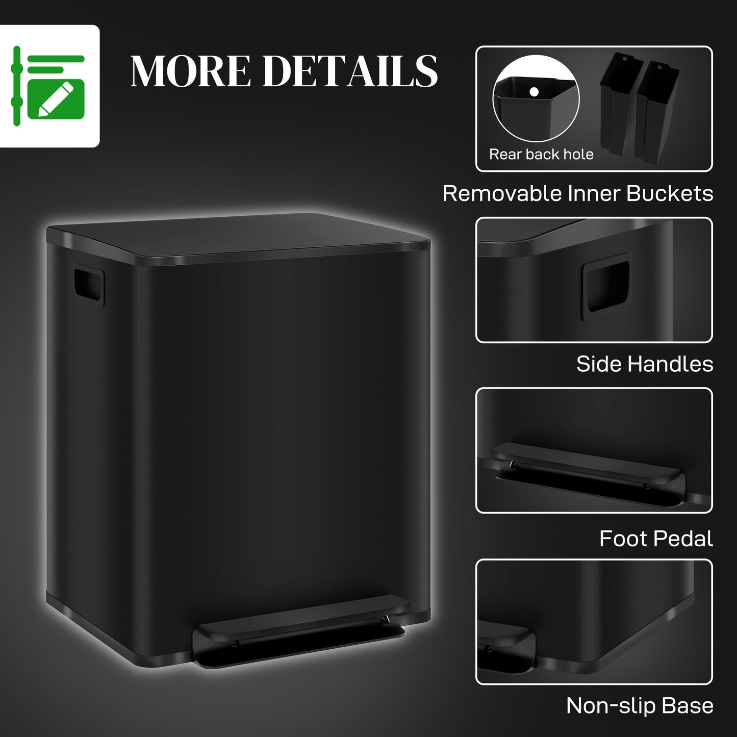 2 x 25L Double Kitchen Bin, Pedal Bin with Soft-Close Lid, Black