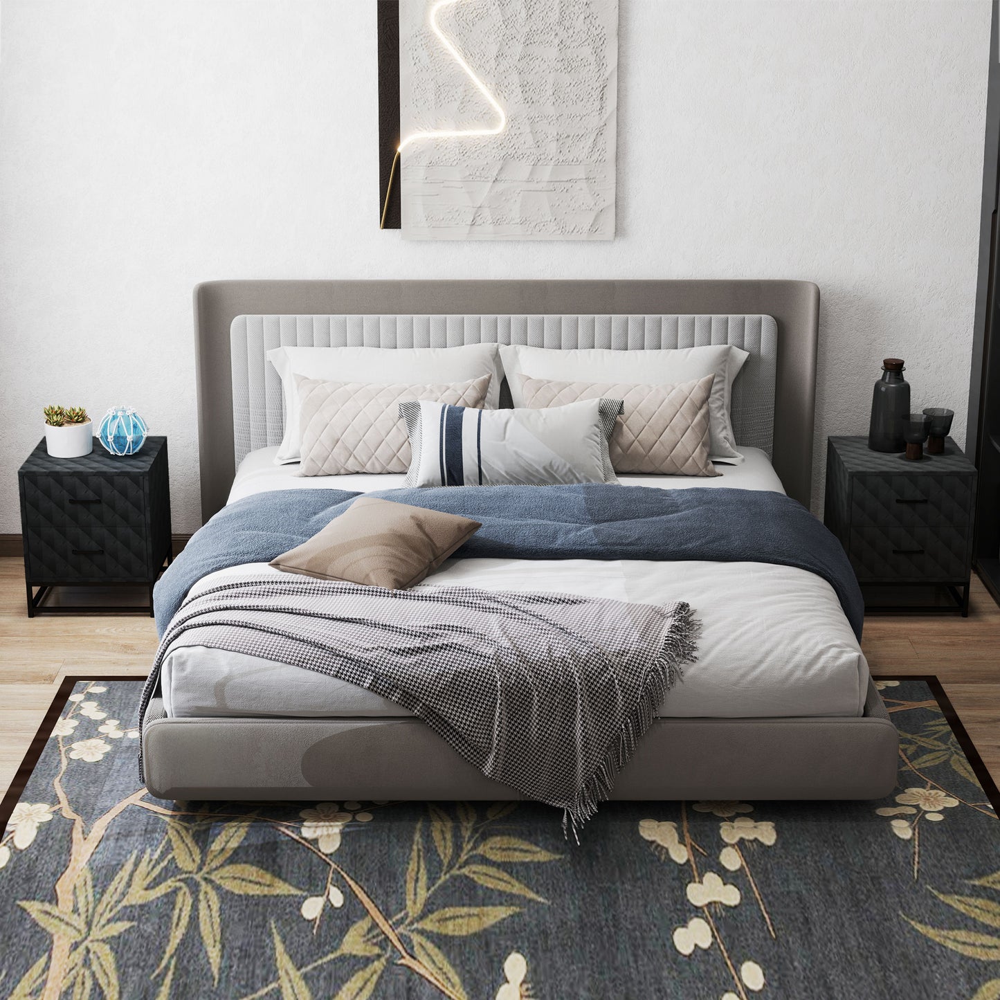 Bedside Table Set of 2, Nightstand with 2 Drawers, Steel Legs, Black