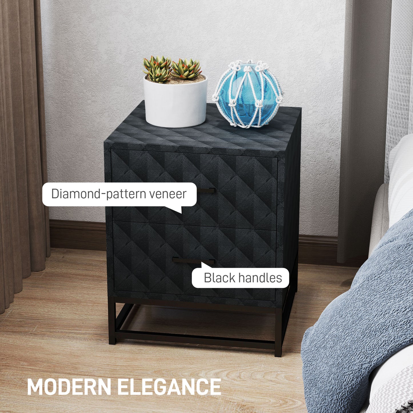 Bedside Table Set of 2, Nightstand with 2 Drawers, Steel Legs, Black