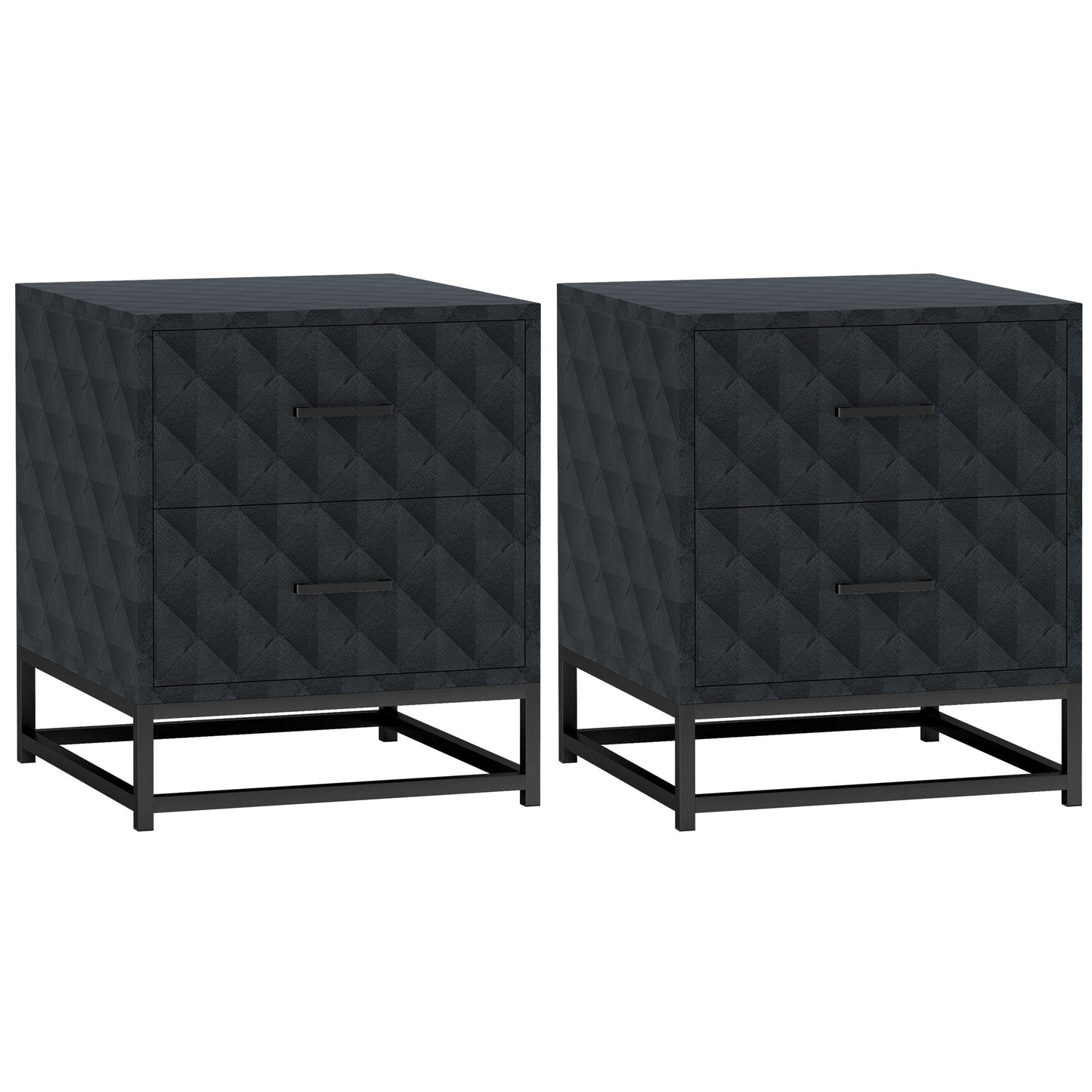 Bedside Table Set of 2, Nightstand with 2 Drawers, Steel Legs, Black