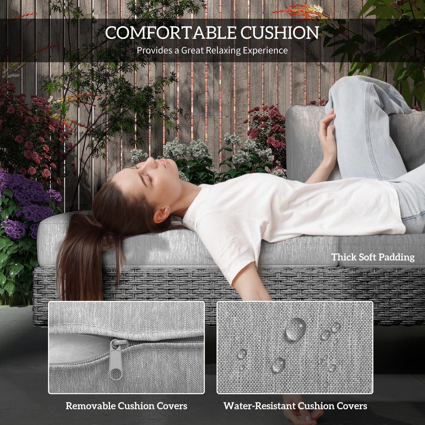 3pc Rattan Wicker Sofa Set with Tea Table & Cushions, Light Grey