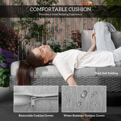 3pc Rattan Wicker Sofa Set with Tea Table & Cushions, Light Grey