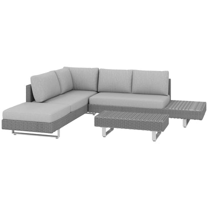 3pc Rattan Wicker Sofa Set with Tea Table & Cushions, Light Grey