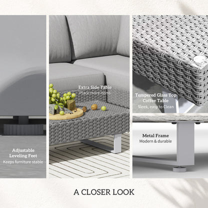 3pc Rattan Wicker Sofa Set with Tea Table & Cushions, Light Grey