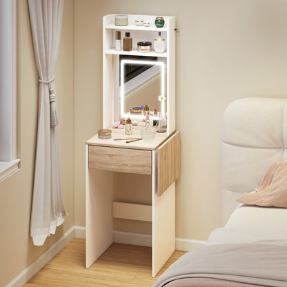 Compact Dressing Table with Lighted Mirror Open Shelves Drawer White