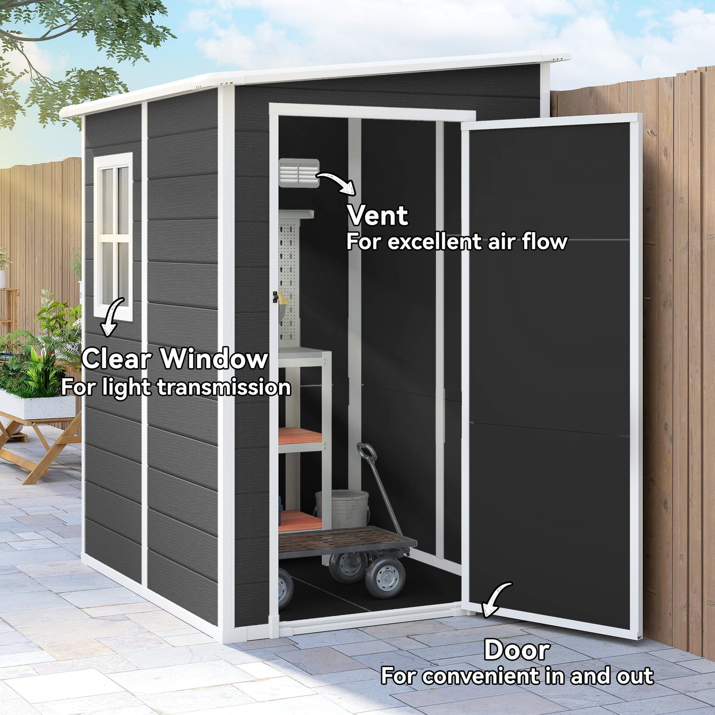 Lean to Garden Shed, Plastic Tool Storage House w/ Lockable Door