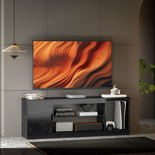 Marble Effect TV Stand Cabinet with Glass Shelf for 55 Inch TVs