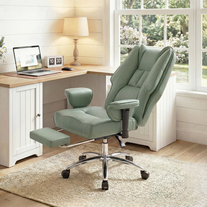Executive Office Chair, Ergonomic Reclining Computer Desk Chair with Footrest, Adjustable Armrests, Spring Seat, High Back, Thick Cushion, Pet Friendly Faux Leather, Swivel, Green