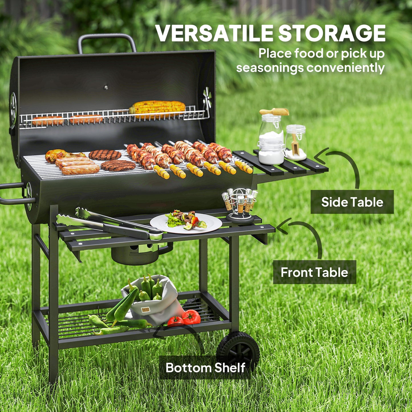 Charcoal BBQ Grill with Warming Rack Shelves Temperature Gauge
