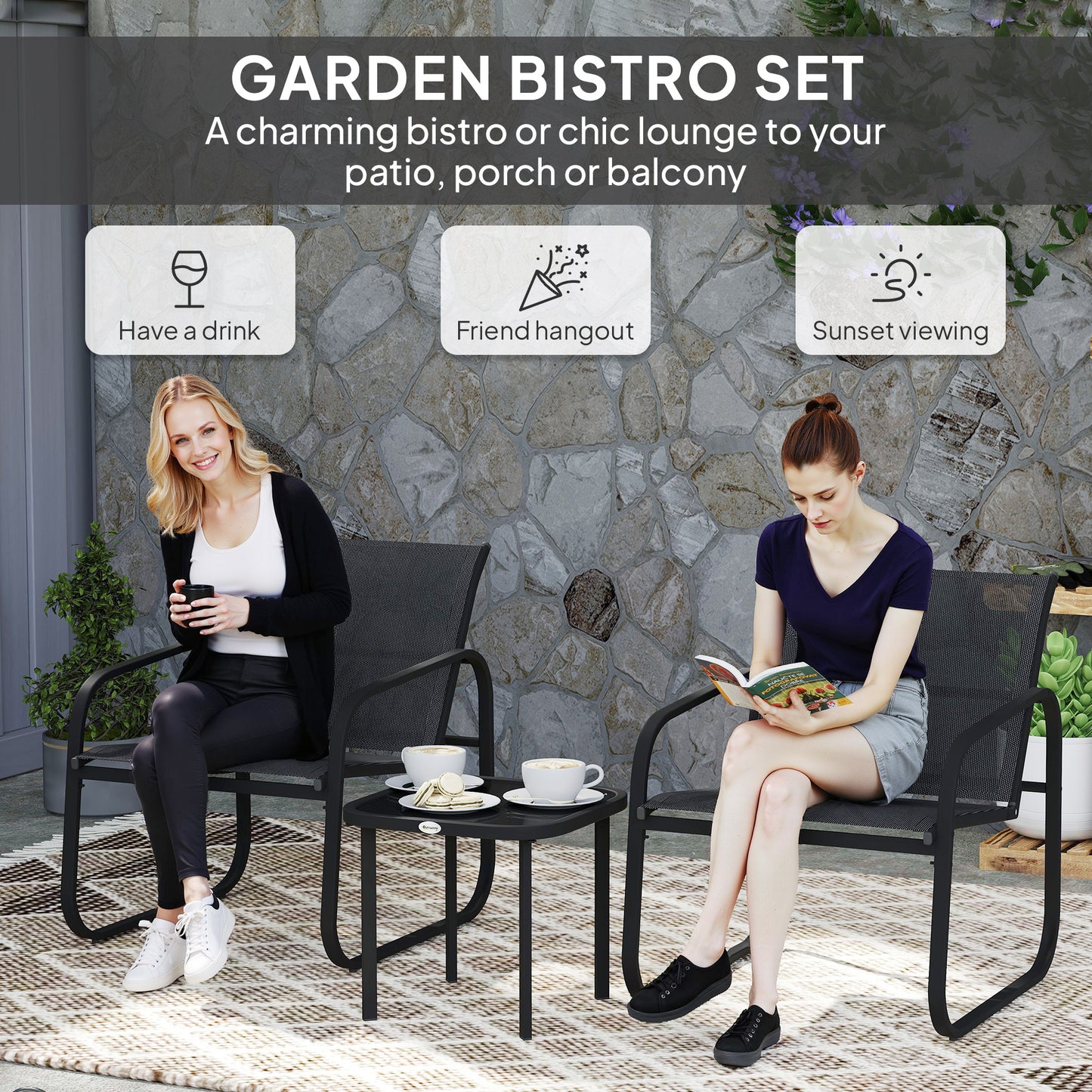 Garden Bistro Set, Metal Garden Furniture Set with Mesh Chairs