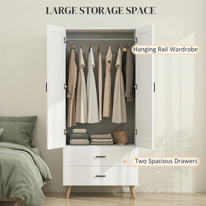2-Door Wardrobe, Modern Deep Wardrobe with 2 Drawers and Hanging Rail for Bedroom, Flats, 80 x 54 x 180 cm, White