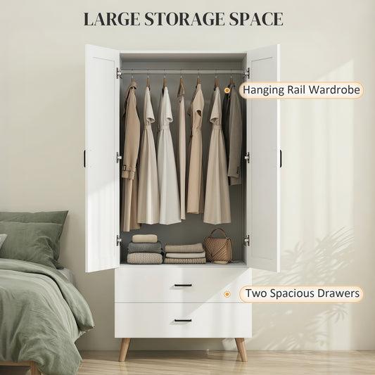 2-Door Wardrobe, Modern Deep Wardrobe with 2 Drawers and Hanging Rail for Bedroom, Flats, 80 x 54 x 180 cm, White
