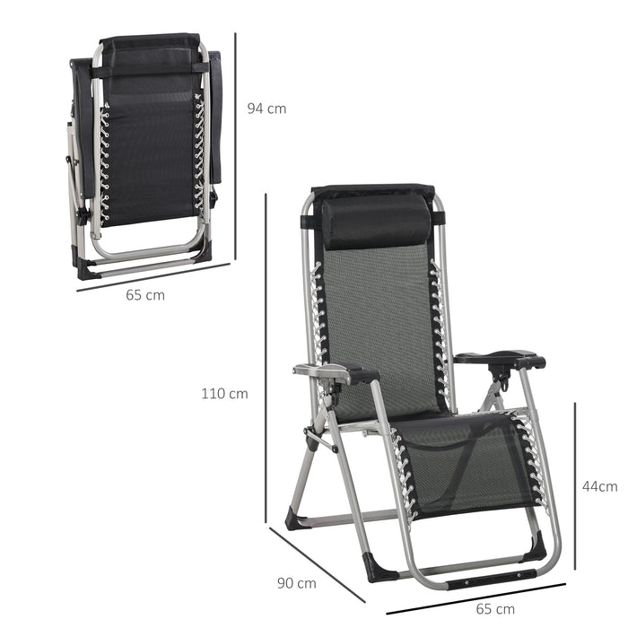 2 Piece Reclining Zero Gravity Chair Folding Garden Sun Lounger with Cushion Headrest Dark Grey