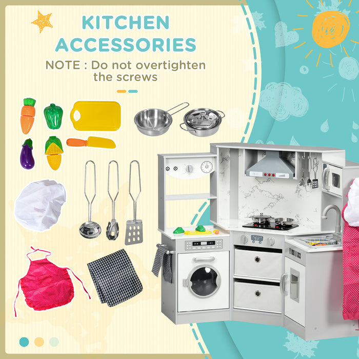 AIYAPLAY Toy Kitchen with Running Water, Lights Sounds, Apron and Chef Hat, Water Dispenser, for 3-6 Years Old - Grey