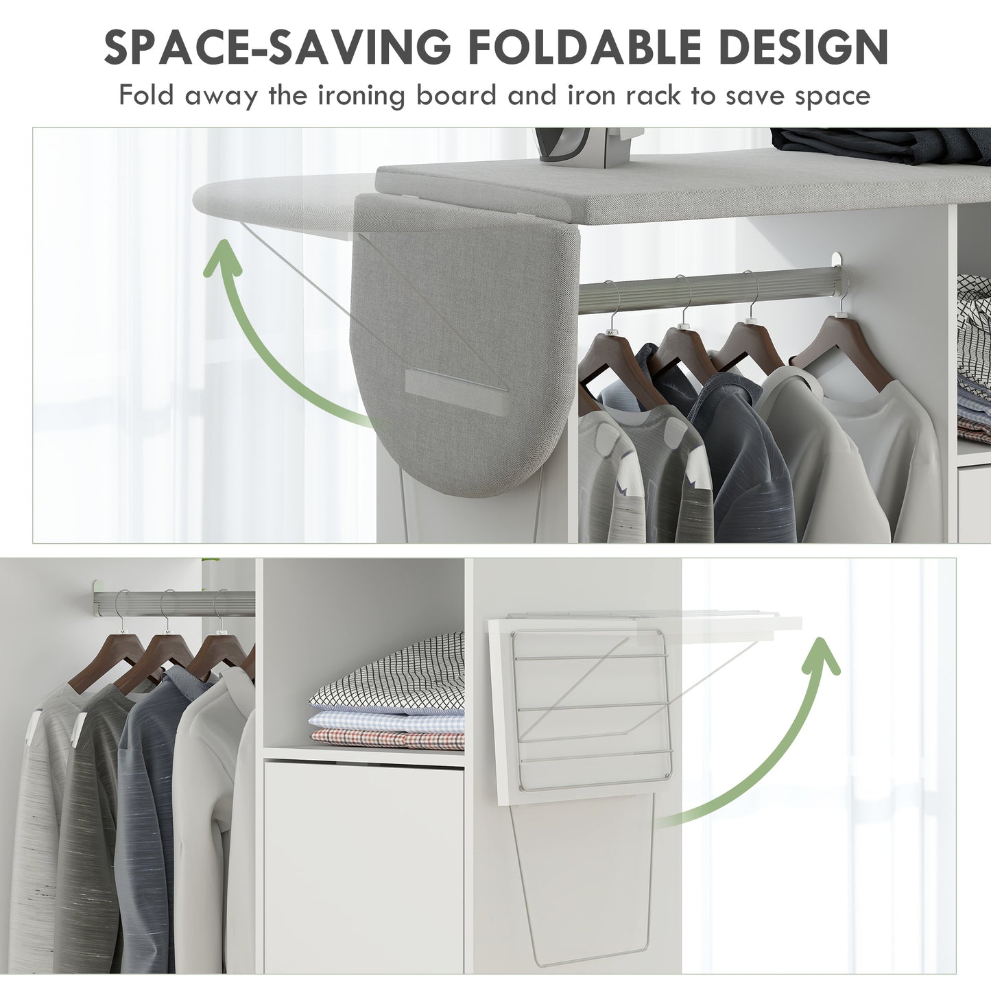 Rolling Ironing Board Cabinet, Foldable Ironing Station with Storage