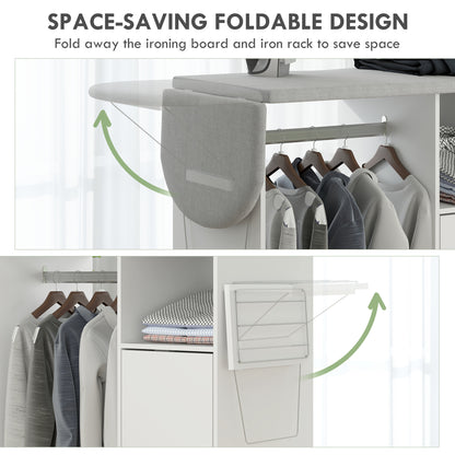 Rolling Ironing Board Cabinet, Foldable Ironing Station with Storage