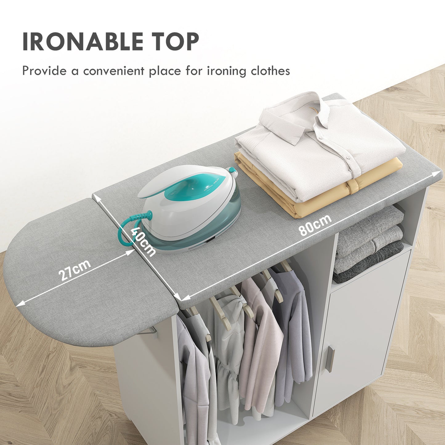 Rolling Ironing Board Cabinet, Foldable Ironing Station with Storage