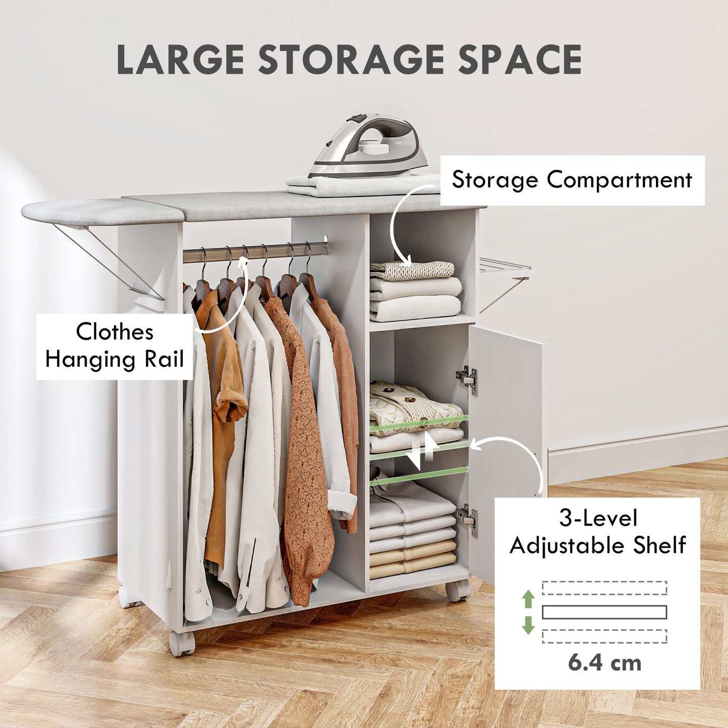 Rolling Ironing Board Cabinet, Foldable Ironing Station with Storage