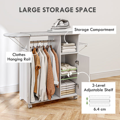 Rolling Ironing Board Cabinet, Foldable Ironing Station with Storage