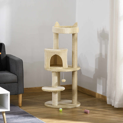 104 cm Cat Tree, Cat Condo Tree Tower, Cat Activity Centre with Scratching Posts, Plush Perch, Hanging Ball - Beige