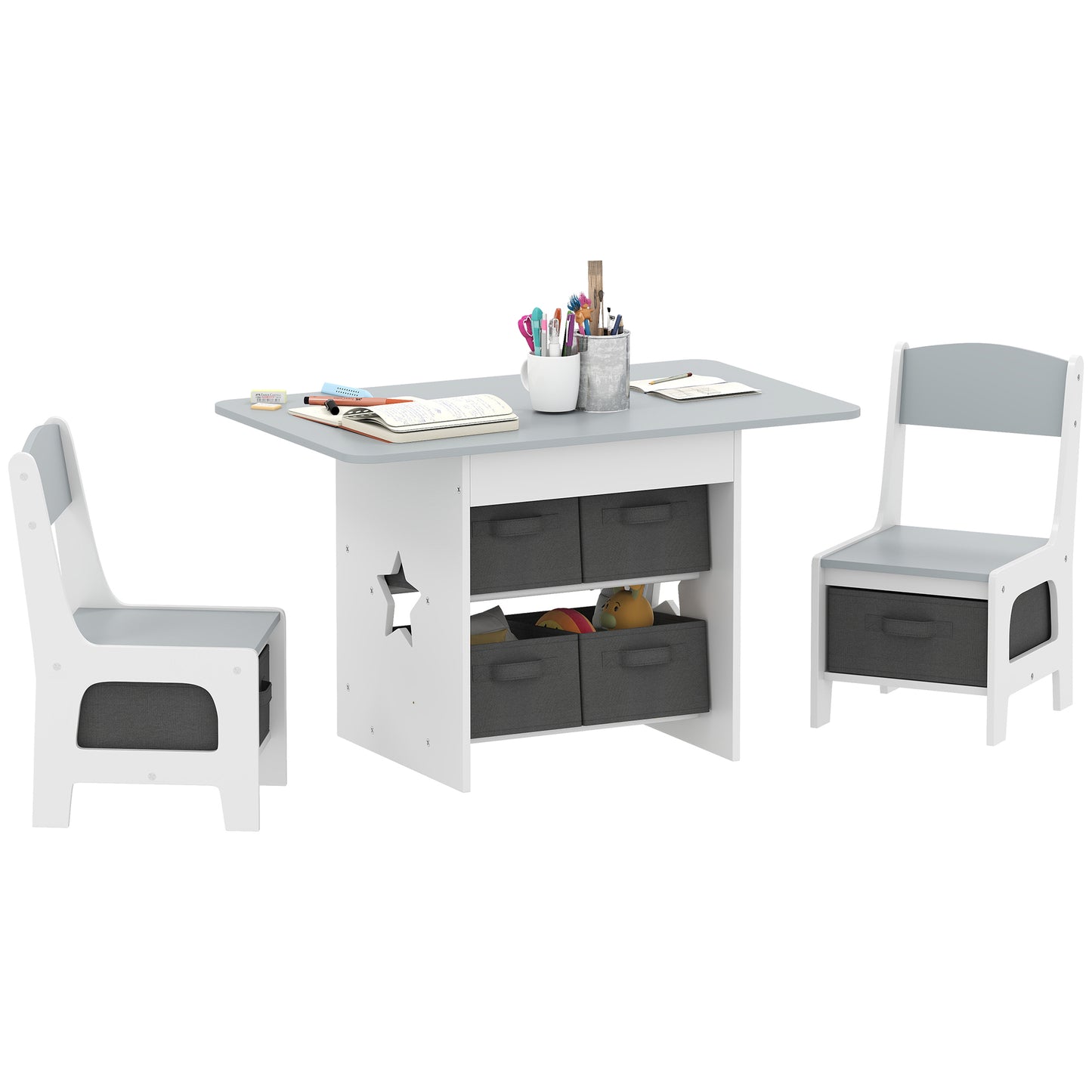 Kids Table and Chair Set with 6 Removable Drawers, Light Grey