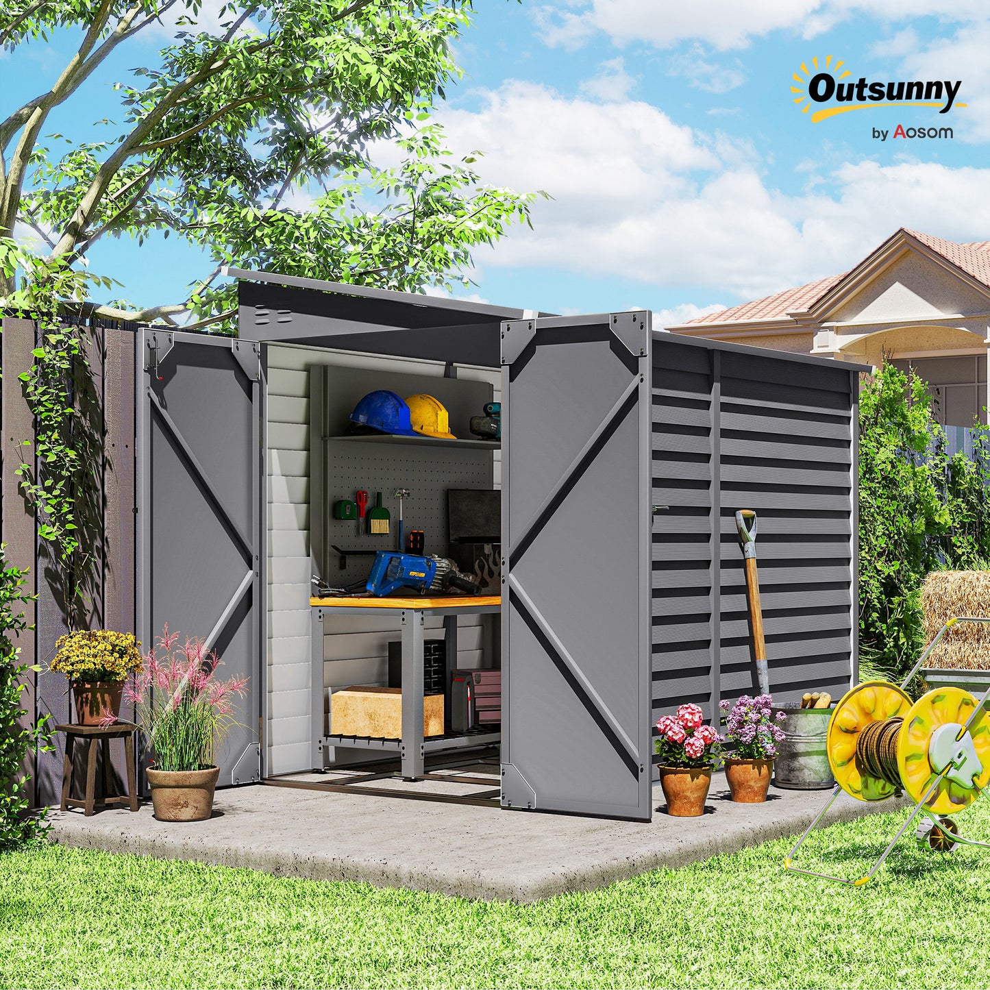 5 x 9ft Galvanised Metal Garden Shed with Foundation Kit, Outdoor Lean-to Shed, Tool Storage House with Lockable Doors, Gloves and 2 Air Vents for Patio, Garden, Grey