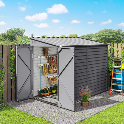 5 x 9ft Galvanised Metal Garden Shed with Foundation Kit, Outdoor Lean-to Shed, Tool Storage House with Lockable Doors, Gloves and 2 Air Vents for Patio, Garden, Grey
