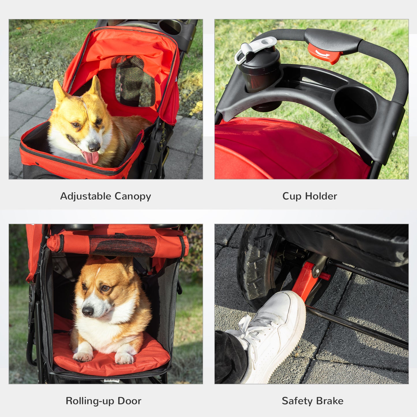 Folding Pet Stroller 3 Wheel Dog Jogger Travel Carrier Adjustable Canopy Storage Brake Mesh Window for Small Miniature Dog Cat Red