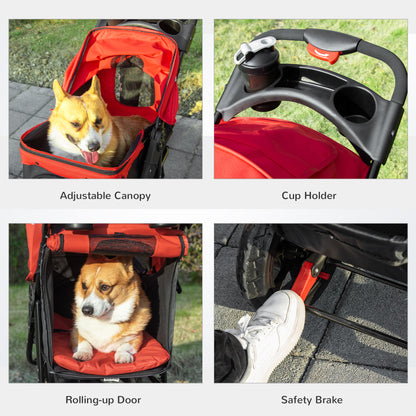 Folding Pet Stroller 3 Wheel Dog Jogger Travel Carrier Adjustable Canopy Storage Brake Mesh Window for Small Miniature Dog Cat Red