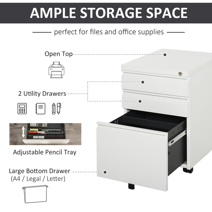 3-Drawer Mobile Vertical File Cabinet, Lockable Mobile Vertical File Cabinet, Under Desk Rolling Storage Cabinet, White