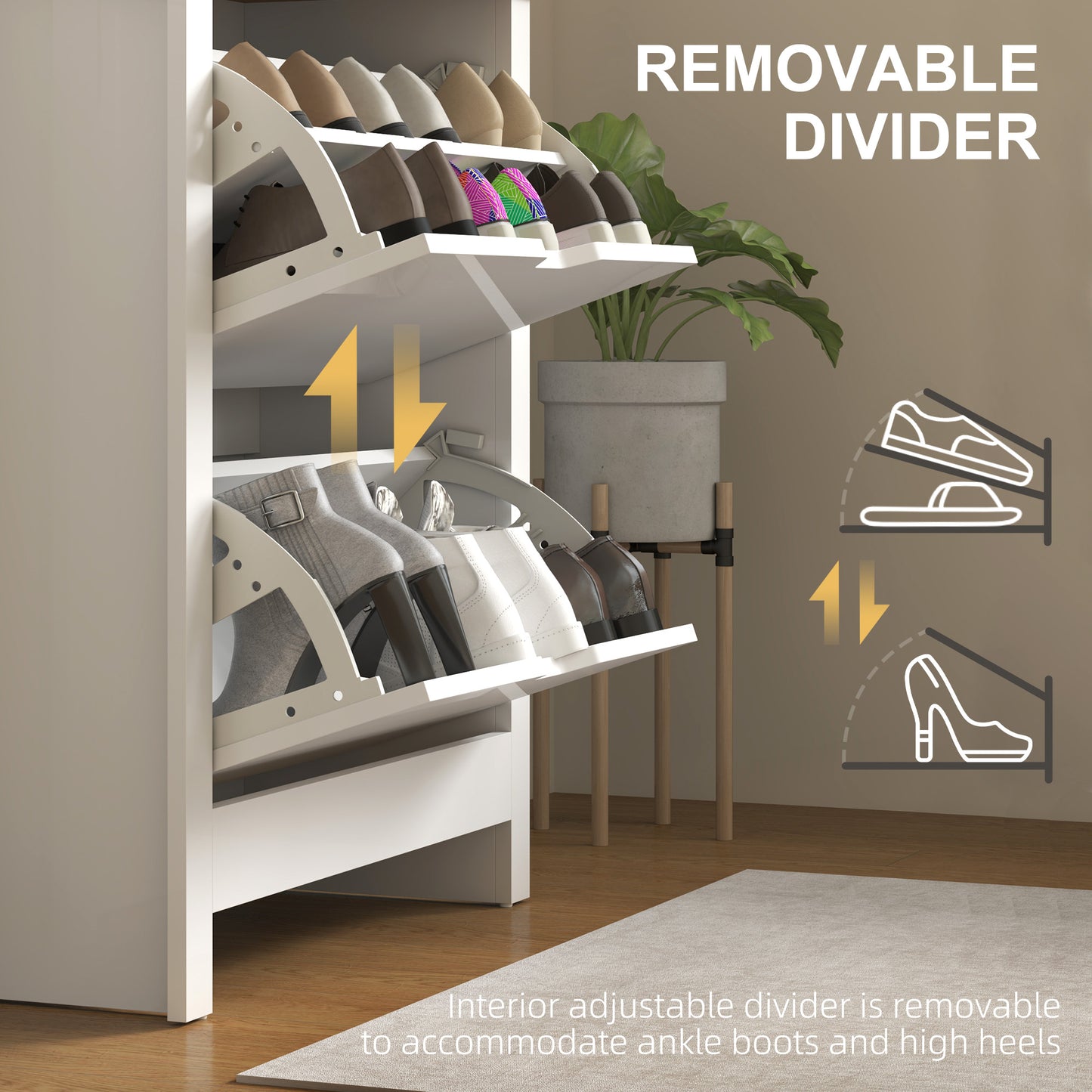 12-Shoe Storage Cabinet 4 Shelves 2 Drawers Tabletop High Gloss White