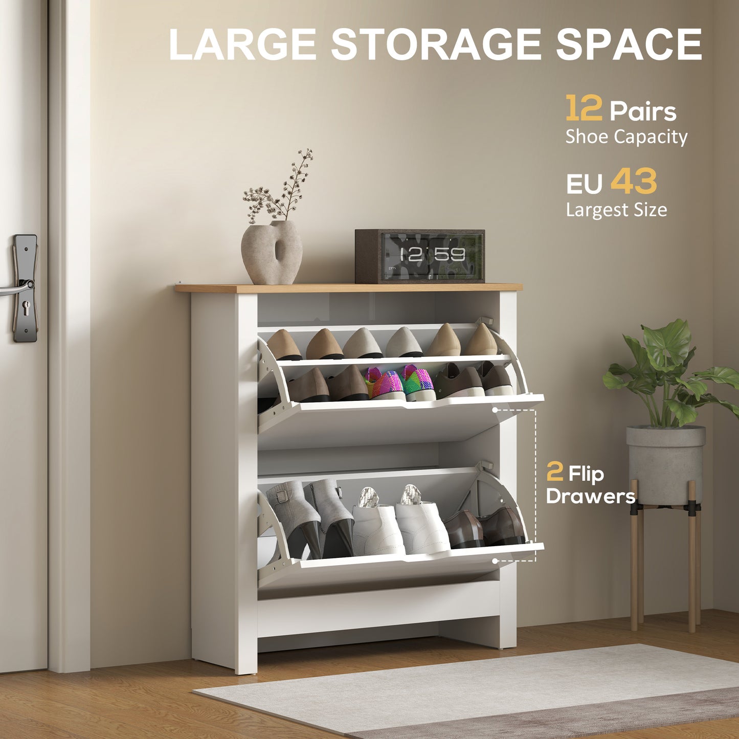 12-Shoe Storage Cabinet 4 Shelves 2 Drawers Tabletop High Gloss White