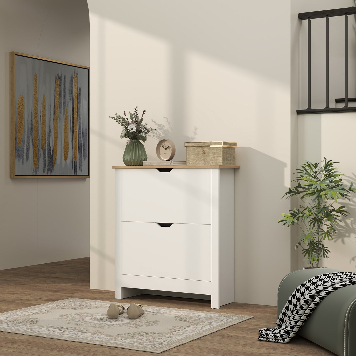 12-Shoe Storage Cabinet 4 Shelves 2 Drawers Tabletop High Gloss White