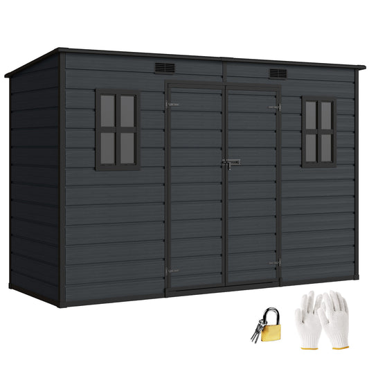 10 x 4 ft Plastic Garden Shed with Floor, Lockable Doors Dark Grey
