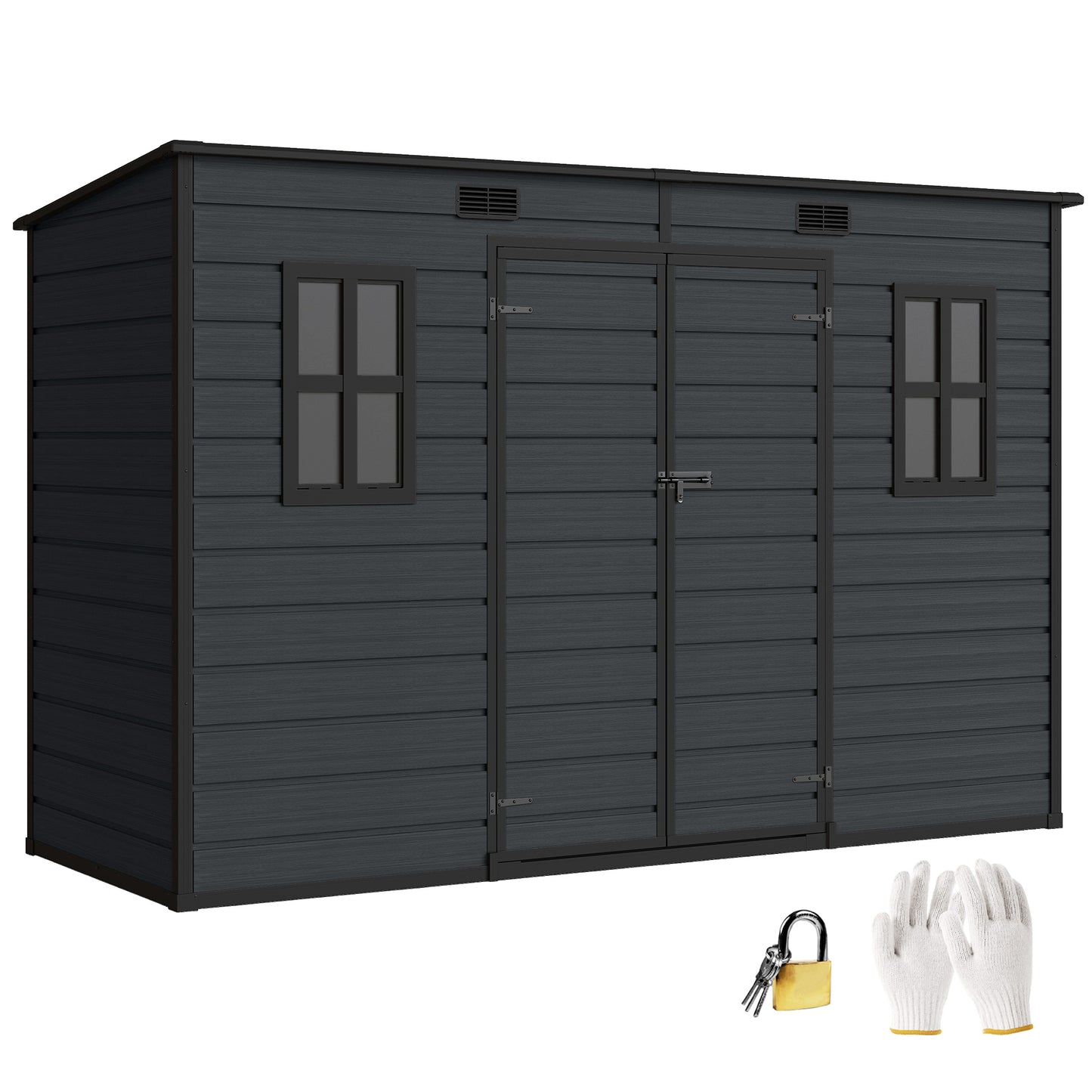 10 x 4 ft Plastic Garden Shed, Outdoor Storage Resin Shed with Floor, Double Windows, Lockable Doors and Vents, for Tools, Bike, Generator, Dark Grey