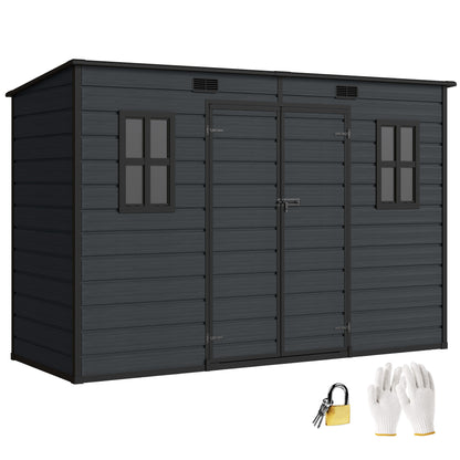 10 x 4 ft Plastic Garden Shed, Outdoor Storage Resin Shed with Floor, Double Windows, Lockable Doors and Vents, for Tools, Bike, Generator, Dark Grey