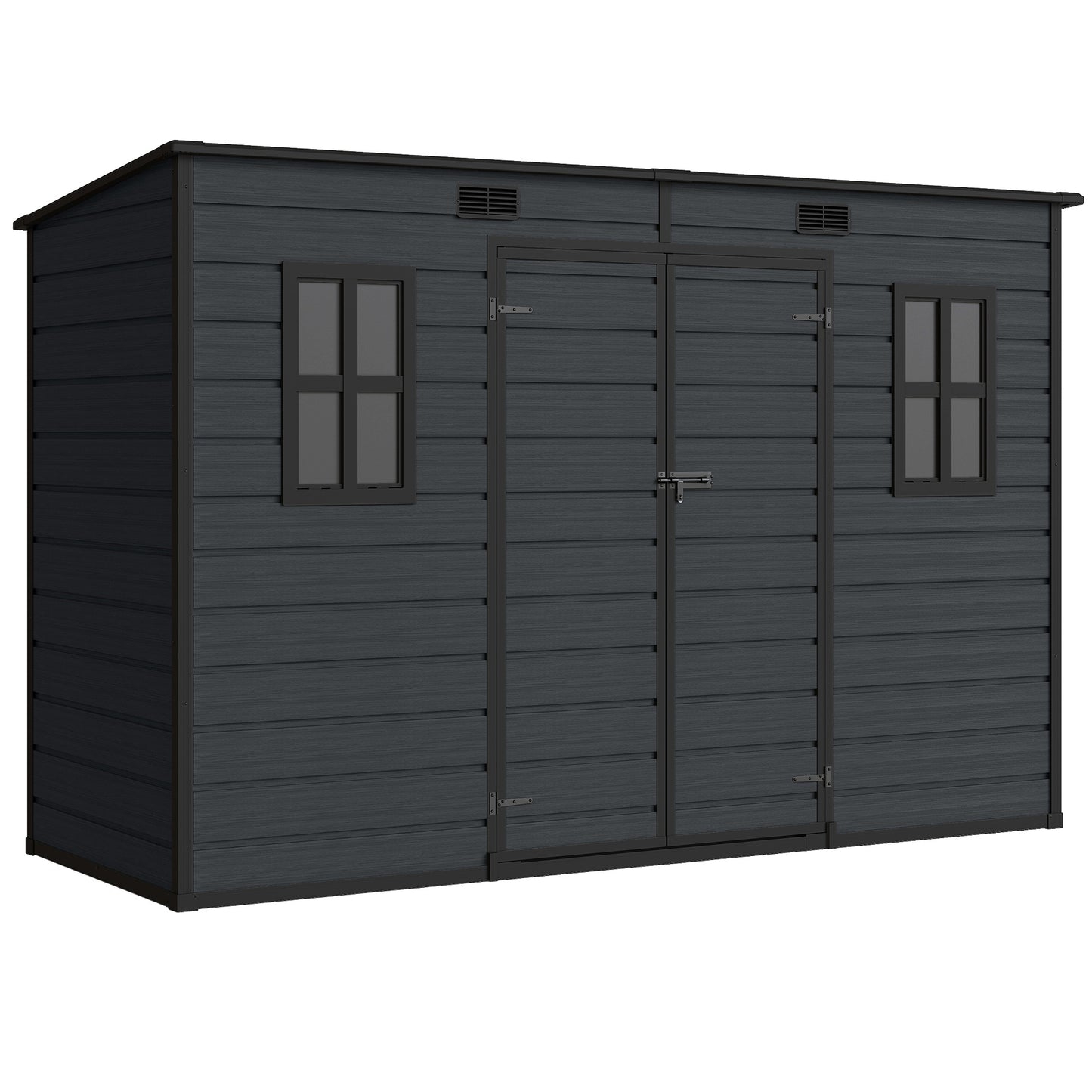 10 x 4 ft Plastic Garden Shed, Outdoor Storage Resin Shed with Floor, Double Windows, Lockable Doors and Vents, for Tools, Bike, Generator, Dark Grey