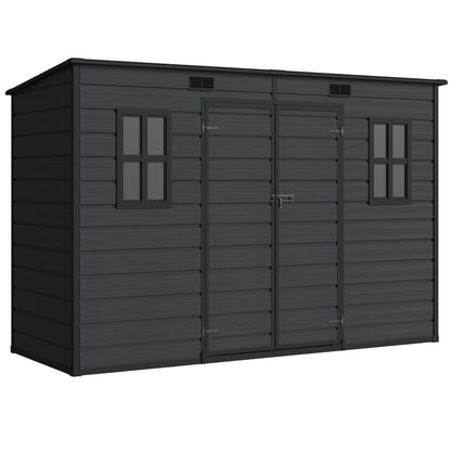 10 x 4 ft Plastic Garden Shed, Outdoor Storage Resin Shed with Floor, Double Windows, Lockable Doors and Vents, for Tools, Bike, Generator, Dark Grey