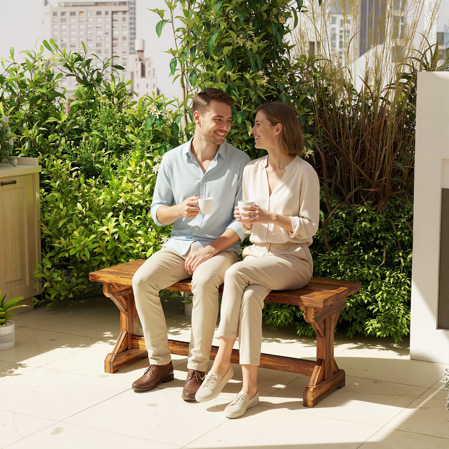 Wooden Garden Bench, Rustic Backless Outdoor Loveseat, Carbonised